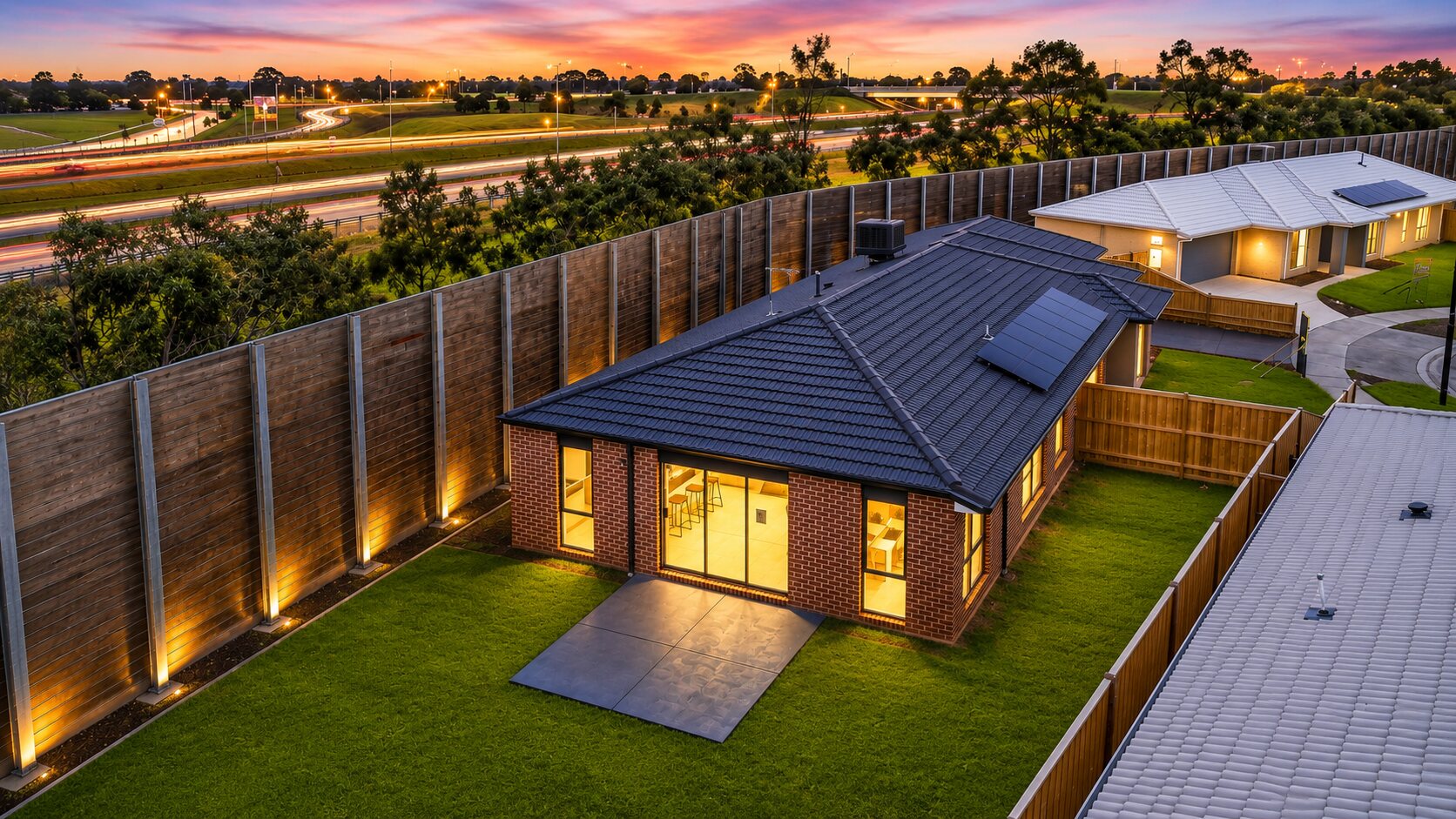 Aerial twilight property image near freeway