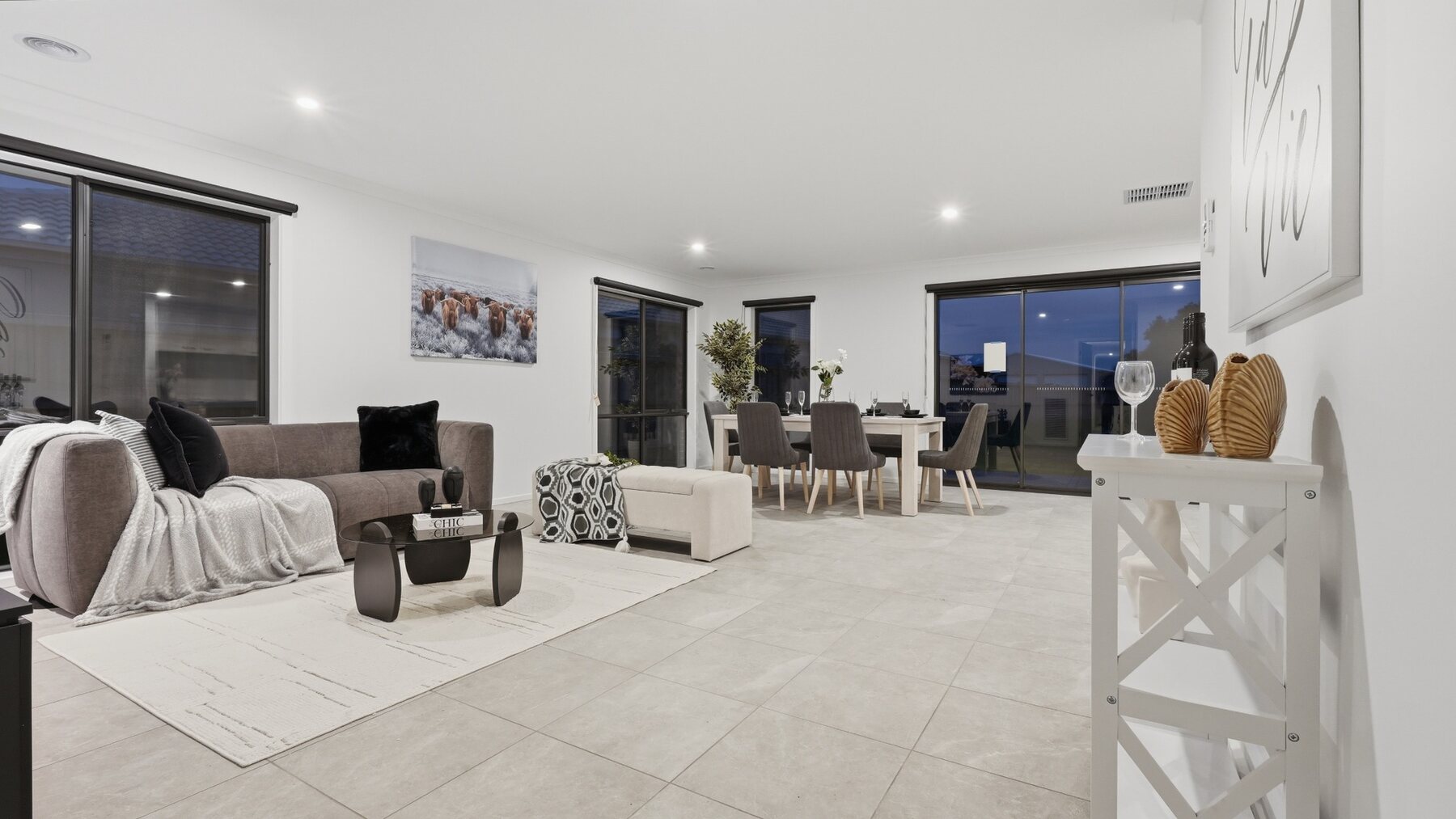 Styled open-plan living and dining room photography