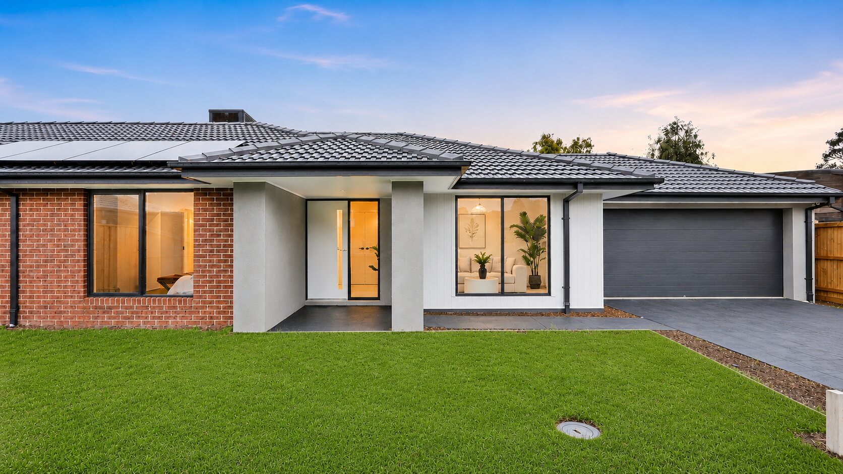Modern home exterior at evening